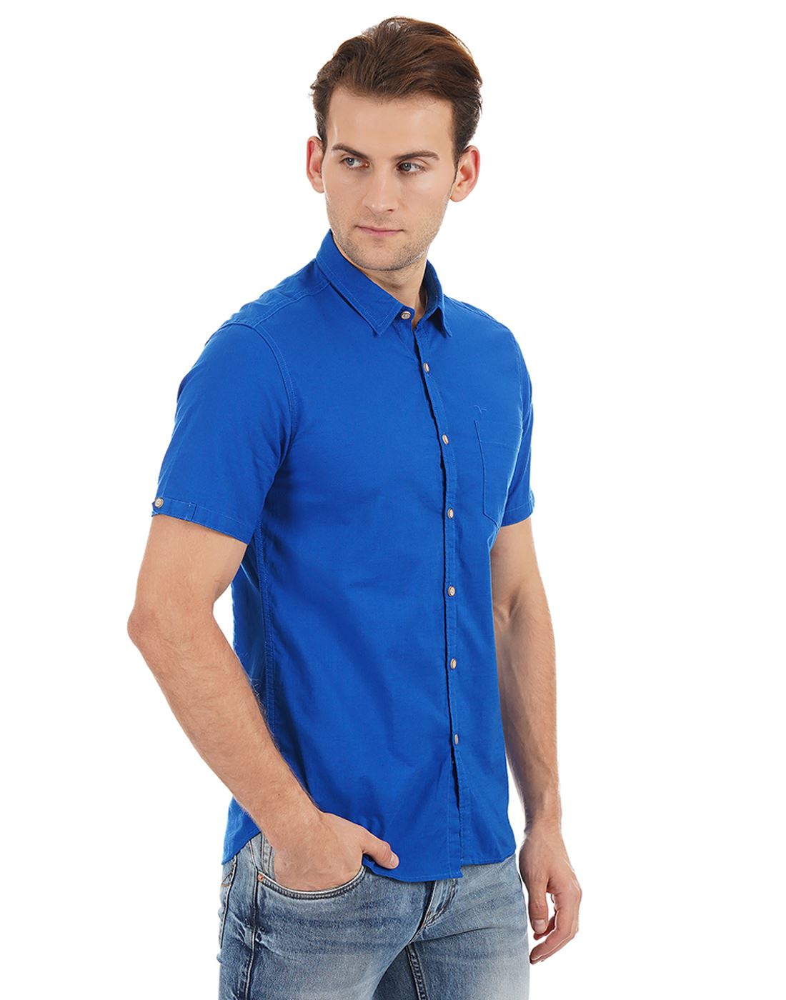 Flying Machine Men Casual Wear Solid Royal Blue Shirt